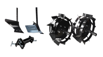 Basic Accessory Package for Tiller/Cultivator (Plow, Accessory Coupling Adapter, Adjustable Ridger, Metal Wheels 4.00 with Hubs)